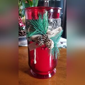 Rustic Red Glass Christmas Pillar Candle Holder